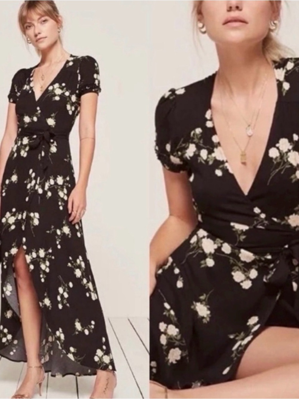 Reformation Black Floral Wrap Maxi Dress